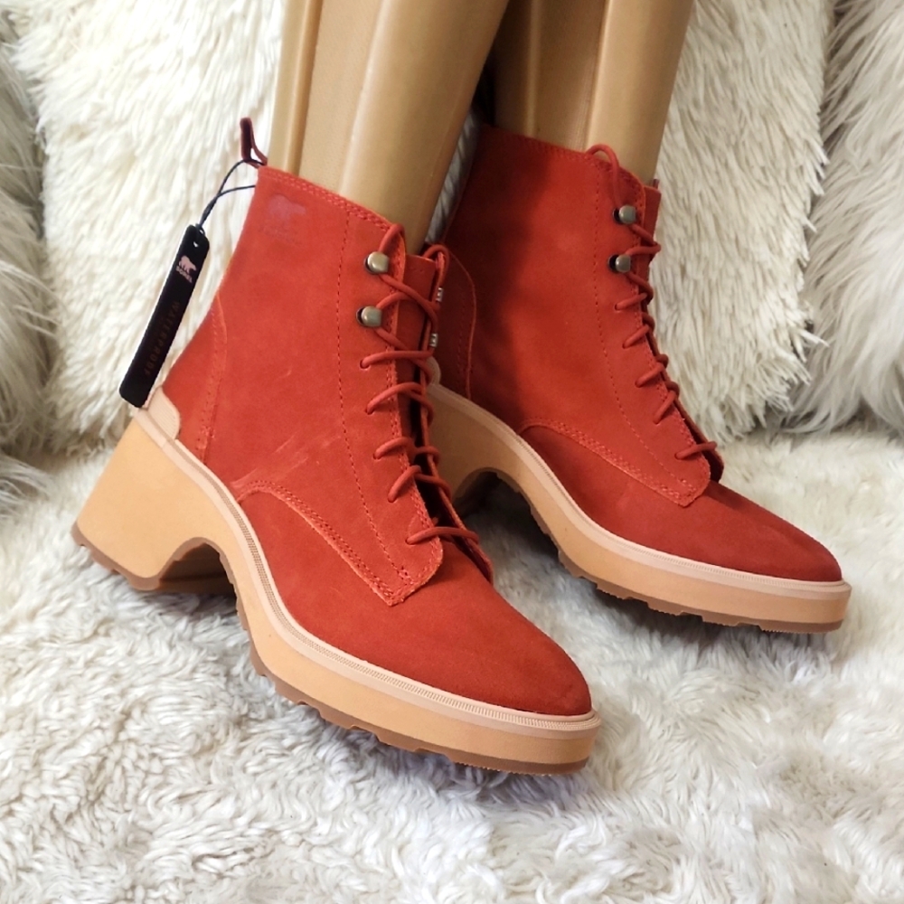Sorel Women's Lace Up Boots in red/orange leather.  Waterproof.